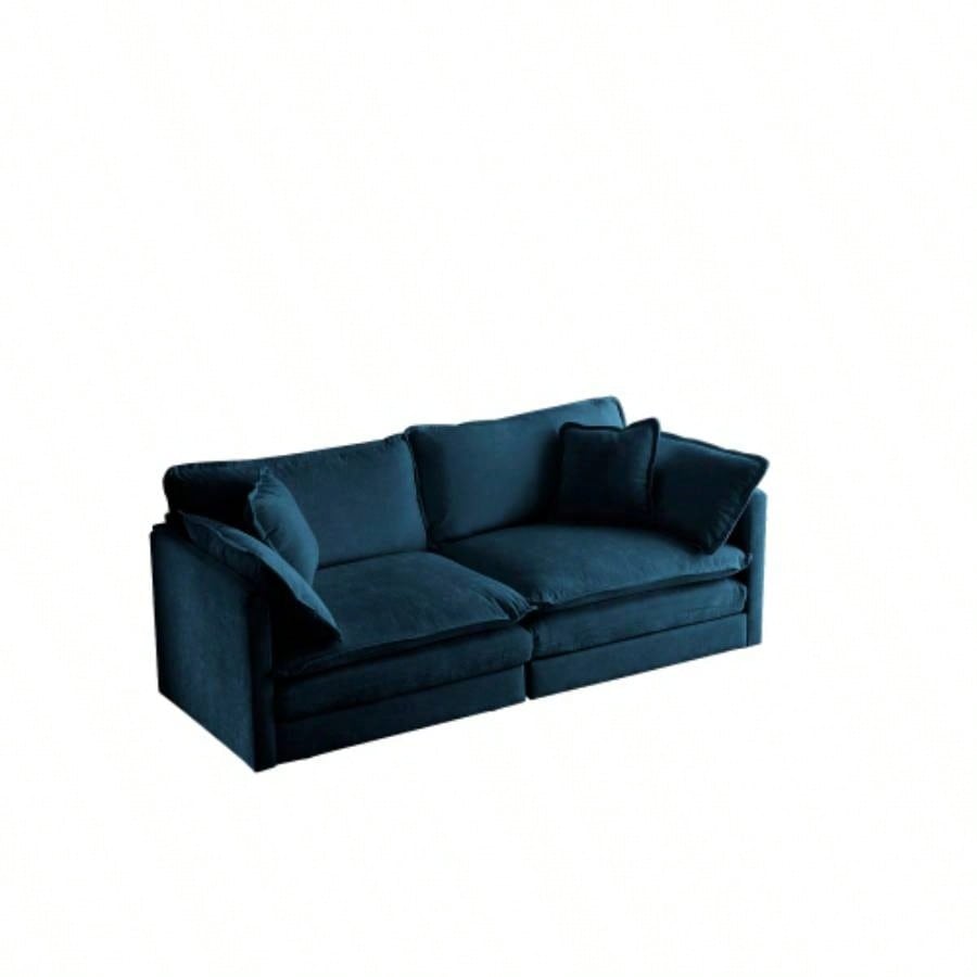 Modern Fabric Loveseat Sofa Couch Living Room, Upholstered Large Size Deep 2 - Sofa with 4 Pillows, Blue Chenille