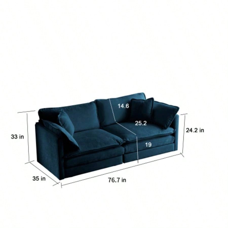 Modern Fabric Loveseat Sofa Couch Living Room, Upholstered Large Size Deep 2 - Sofa with 4 Pillows, Blue Chenille