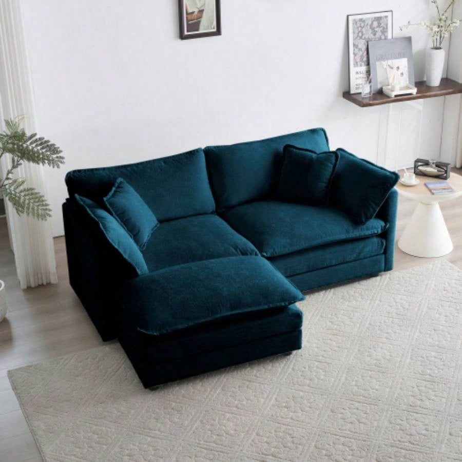 Chenille Two - Seater Sofa with 1 Footrest, 2 Seater L - Shaped Sectional with Ottoman, Loveseat with Ottoman Small Living Space, Blue Chenille