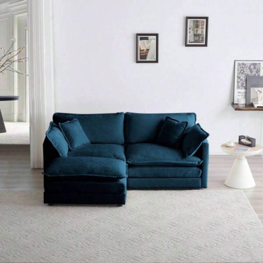 Chenille Two - Seater Sofa with 1 Footrest, 2 Seater L - Shaped Sectional with Ottoman, Loveseat with Ottoman Small Living Space, Blue Chenille