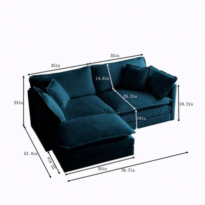 Chenille Two - Seater Sofa with 1 Footrest, 2 Seater L - Shaped Sectional with Ottoman, Loveseat with Ottoman Small Living Space, Blue Chenille