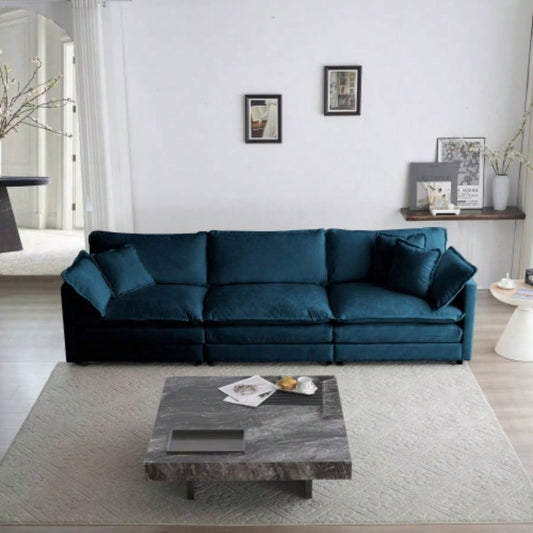 Mid - Modern Couch 3 - Seater Sofa with 2 Armrest Pillows and 3 Toss Pillows, Couch Living Room Blue Chenille