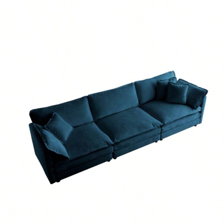 Mid - Modern Couch 3 - Seater Sofa with 2 Armrest Pillows and 3 Toss Pillows, Couch Living Room Blue Chenille