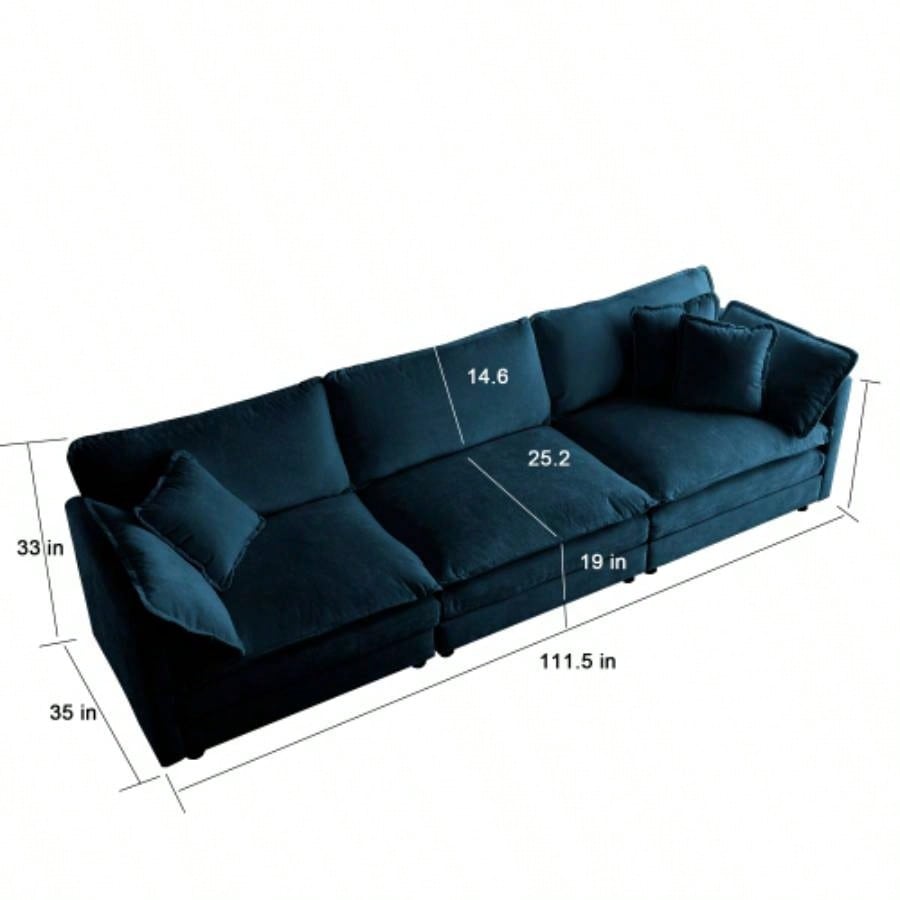 Mid - Modern Couch 3 - Seater Sofa with 2 Armrest Pillows and 3 Toss Pillows, Couch Living Room Blue Chenille