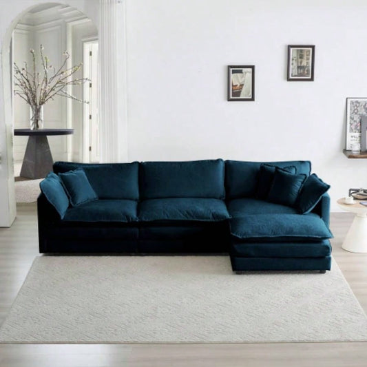 Combination Comfy Upholstery Modular Oversized L Shaped Sectional Sofa With Reversible Ottoman, Blue Chenille