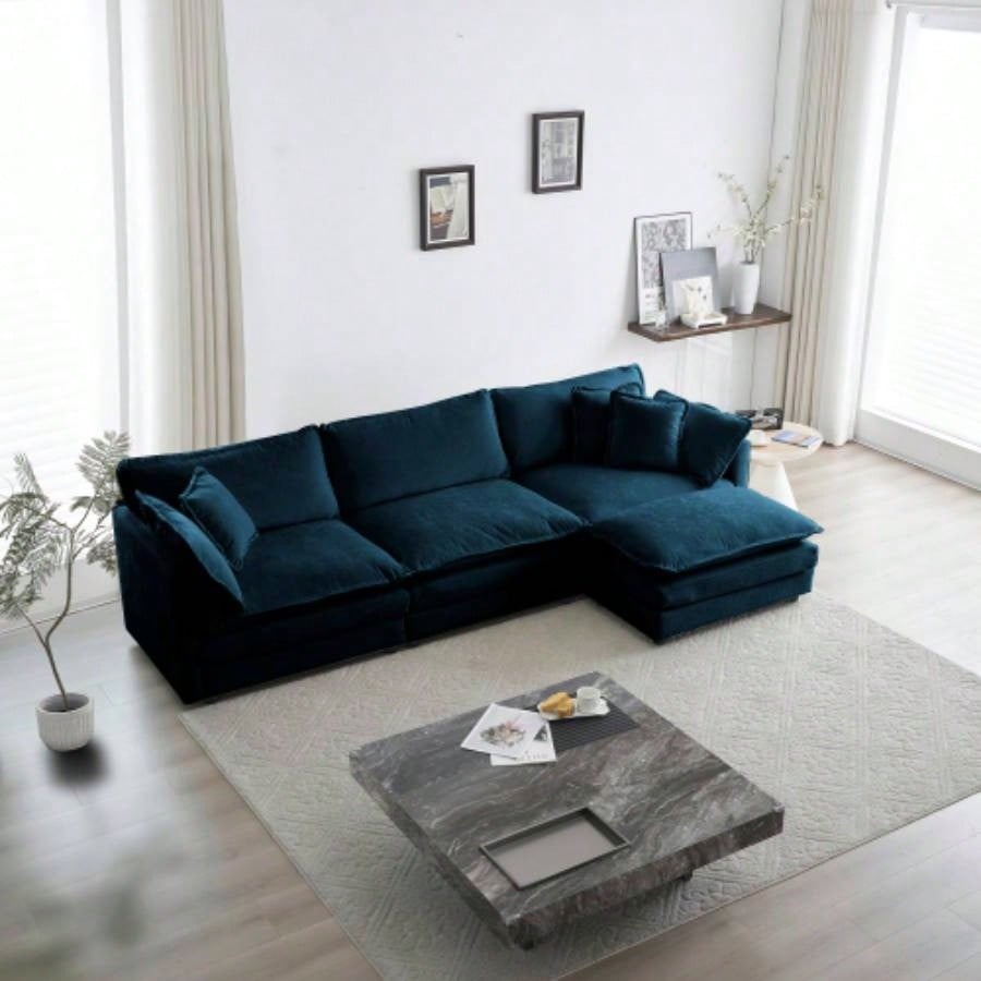 Combination Comfy Upholstery Modular Oversized L Shaped Sectional Sofa With Reversible Ottoman, Blue Chenille