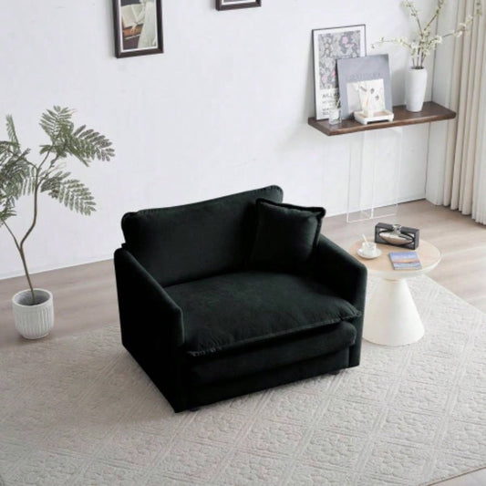 Comfy Deep Single Sofa Upholstered Reading Armchair Living Room Chair Black Chenille Fabric, 1 Toss Pillow