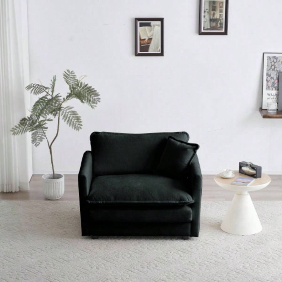 Comfy Deep Single Sofa Upholstered Reading Armchair Living Room Chair Black Chenille Fabric, 1 Toss Pillow