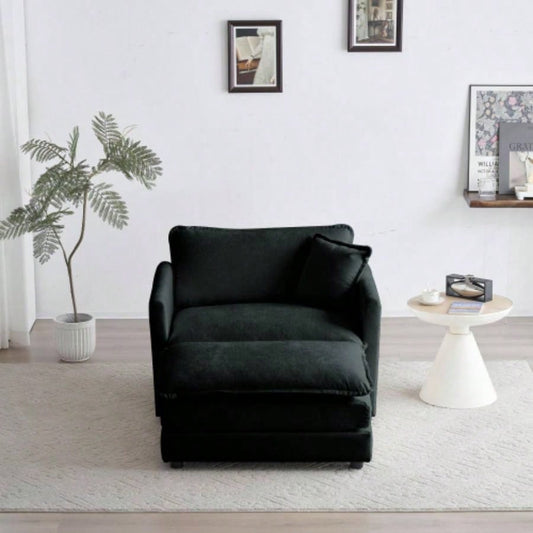 Modern Accent Chair with Ottoman, Living Room Club Chair Chenille Upholstered Armchair, Reading Chair Bedroom, Black Chenille