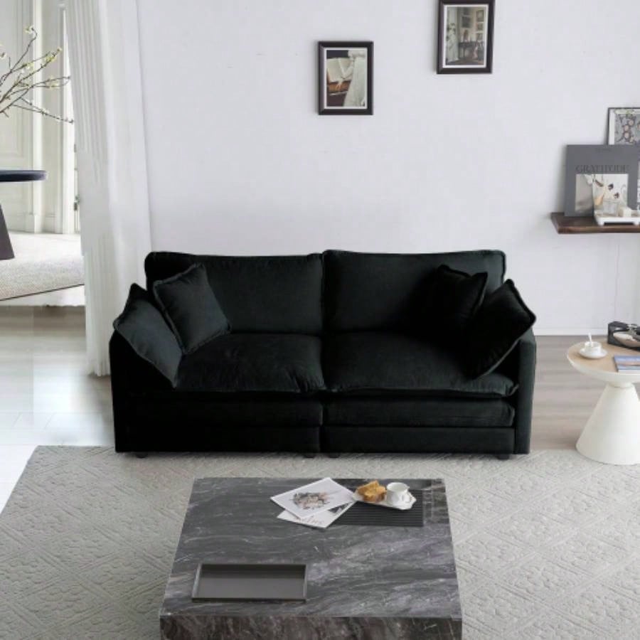 Modern Fabric Loveseat Sofa Couch Living Room, Upholstered Large Size Deep 2 - Sofa with 4 Pillows, Black Chenille