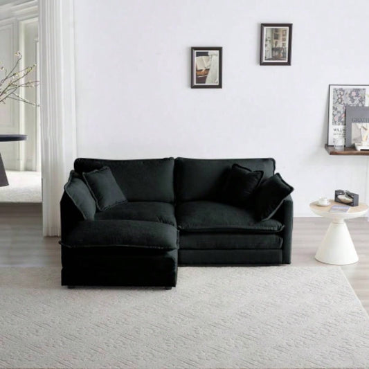 Chenille Two - Seater Sofa with 1 Footrest, 2 Seater L - Shaped Sectional with Ottoman, Loveseat with Ottoman Small Living Space, Black Chenille