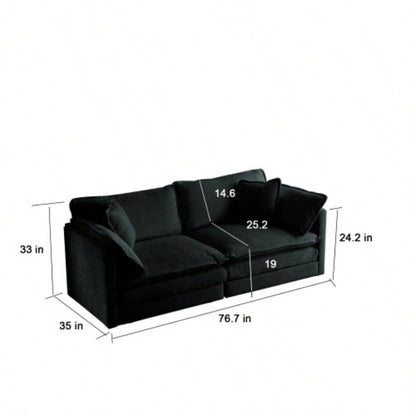Modern Fabric Loveseat Sofa Couch Living Room, Upholstered Large Size Deep 2 - Sofa with 4 Pillows, Black Chenille