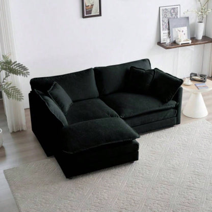 Chenille Two - Seater Sofa with 1 Footrest, 2 Seater L - Shaped Sectional with Ottoman, Loveseat with Ottoman Small Living Space, Black Chenille