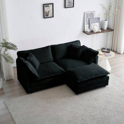 Chenille Two - Seater Sofa with 1 Footrest, 2 Seater L - Shaped Sectional with Ottoman, Loveseat with Ottoman Small Living Space, Black Chenille