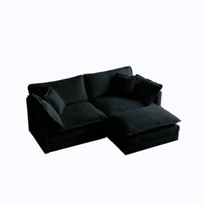 Chenille Two - Seater Sofa with 1 Footrest, 2 Seater L - Shaped Sectional with Ottoman, Loveseat with Ottoman Small Living Space, Black Chenille