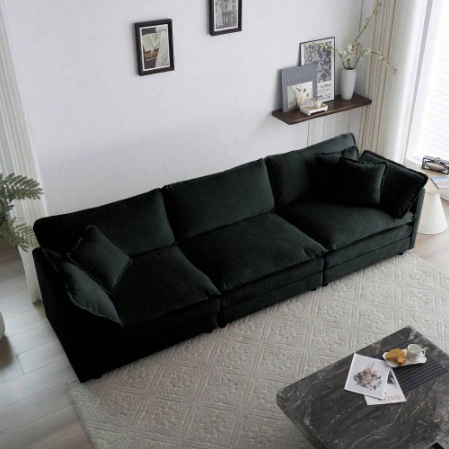Mid - Modern Couch 3 - Seater Sofa with 2 Armrest Pillows and 3 Toss Pillows, Couch Living Room Black Chenille