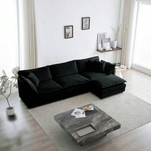 Combination Comfy Upholstery Modular Oversized L Shaped Sectional Sofa With Reversible Ottoman, Black Chenille