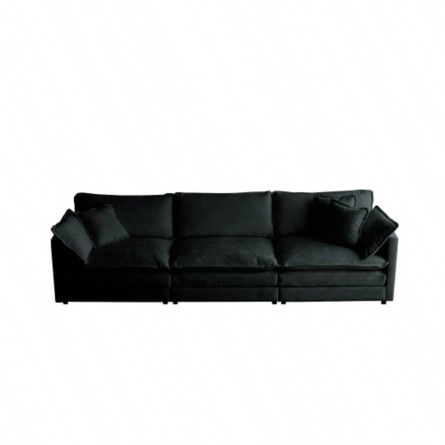 Mid - Modern Couch 3 - Seater Sofa with 2 Armrest Pillows and 3 Toss Pillows, Couch Living Room Black Chenille
