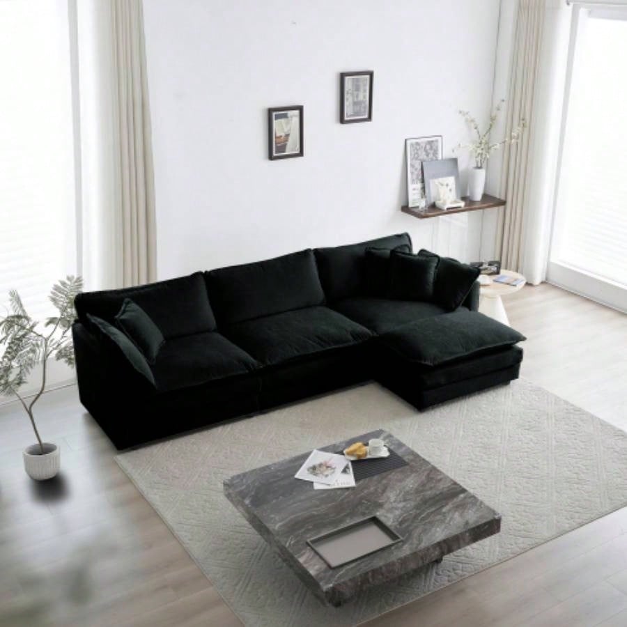Combination Comfy Upholstery Modular Oversized L Shaped Sectional Sofa With Reversible Ottoman, Black Chenille
