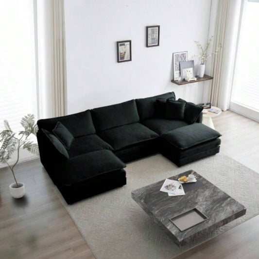 U - Shaped Sectional Sofa/Reversible Footrest, 5 - Seater Convertible Corner Couch with 2 Ottomans, Modern Minimalist Soft Sofa Couch Living Room, Black Chenille