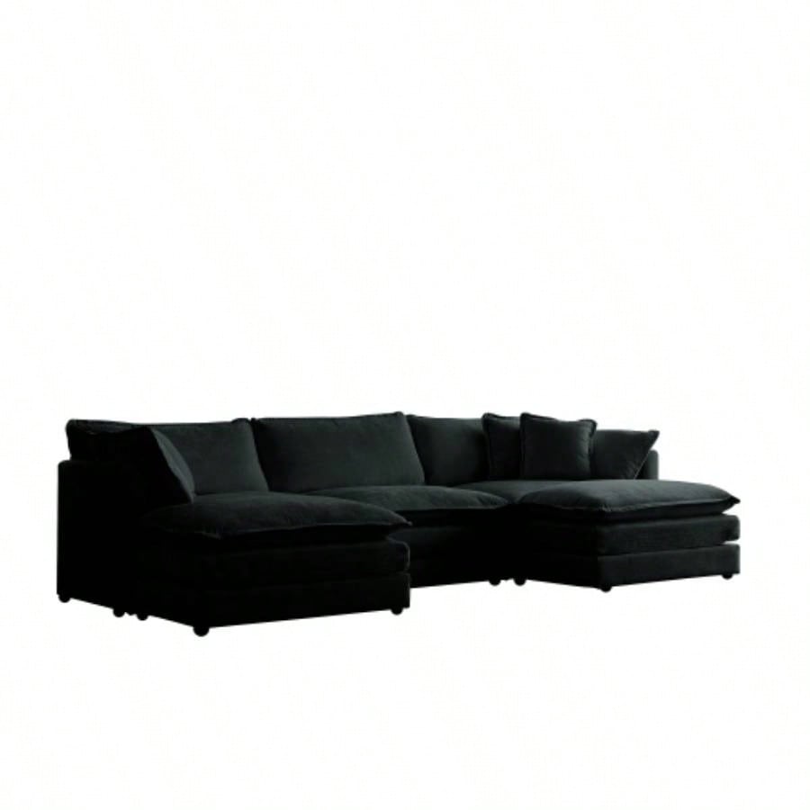 U - Shaped Sectional Sofa/Reversible Footrest, 5 - Seater Convertible Corner Couch with 2 Ottomans, Modern Minimalist Soft Sofa Couch Living Room, Black Chenille