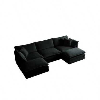 U - Shaped Sectional Sofa/Reversible Footrest, 5 - Seater Convertible Corner Couch with 2 Ottomans, Modern Minimalist Soft Sofa Couch Living Room, Black Chenille