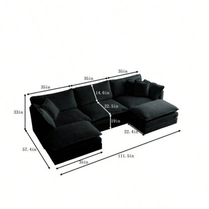 U - Shaped Sectional Sofa/Reversible Footrest, 5 - Seater Convertible Corner Couch with 2 Ottomans, Modern Minimalist Soft Sofa Couch Living Room, Black Chenille