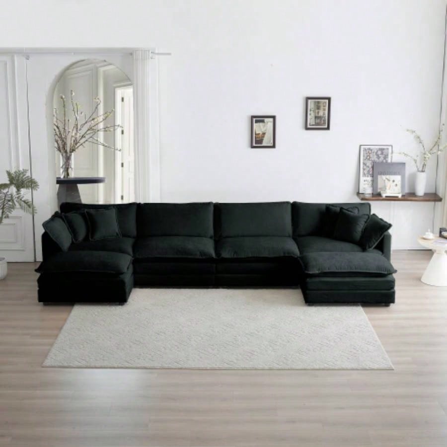 Comfort U Shaped Couch with Reversible Chaise, Modular Large U - Shape Sectional Sofa, Double Ottomans, Black Chenille