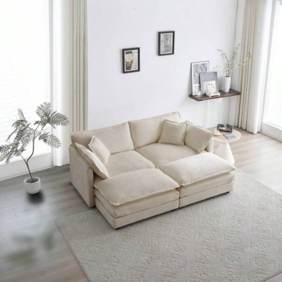 4 - Piece Upholstered Sectional Sofa, 1 - Piece of 2 Seater Sofa and 2 - Piece of Ottomans, 2 Seater Loveseat Lounge with Ottomans, Beige Chenille