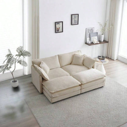 4 - Piece Upholstered Sectional Sofa, 1 - Piece of 2 Seater Sofa and 2 - Piece of Ottomans, 2 Seater Loveseat Lounge with Ottomans, Beige Chenille