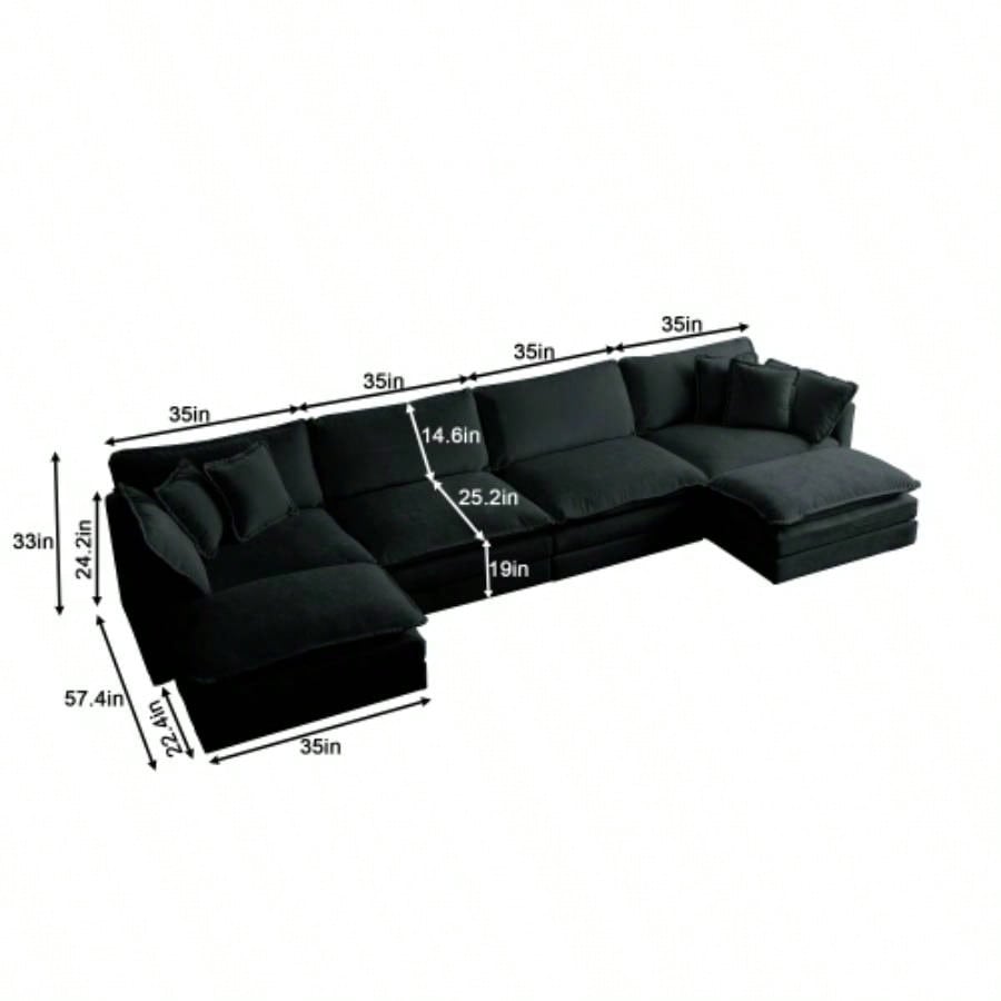 Comfort U Shaped Couch with Reversible Chaise, Modular Large U - Shape Sectional Sofa, Double Ottomans, Black Chenille