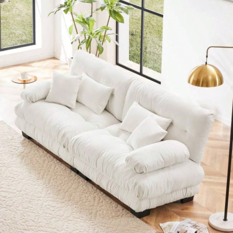 Cloud Couch Sectional Sofa Living Room, Chenille 2 Seater Sofa with 2 Lumbar pillows and 2 throw pillows, Upholstered Wide Arm Sofa with Convertible Ottoman, Chenille White