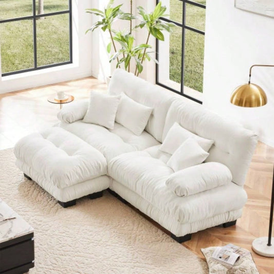 Cloud Couch Sectional Sofa Living Room, Chenille 2 Seater Sofa with 2 Lumbar pillows and 2 throw pillows, Upholstered Wide Arm Sofa with Convertible Ottoman, Chenille White