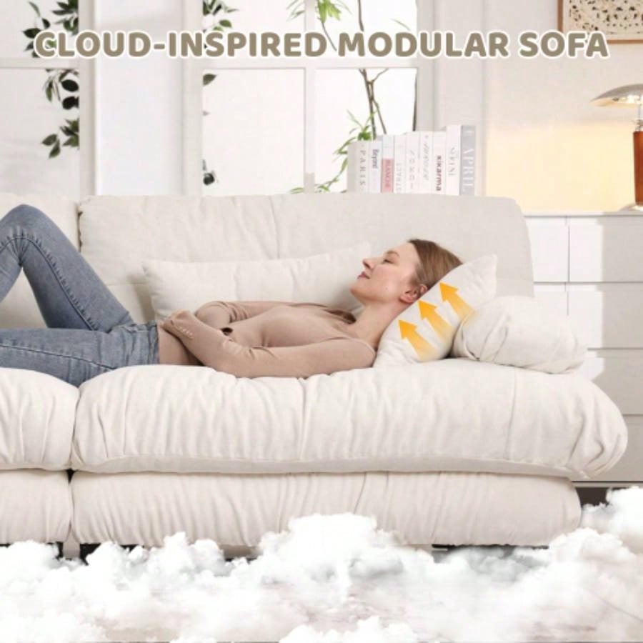 Cloud Couch Sectional Sofa Living Room, Chenille 2 Seater Sofa with 2 Lumbar pillows and 2 throw pillows, Upholstered Wide Arm Sofa with Convertible Ottoman, Chenille White