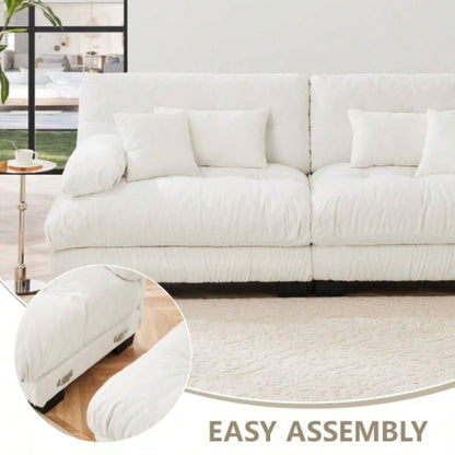 Cloud Couch Sectional Sofa Living Room, Chenille 2 Seater Sofa with 2 Lumbar pillows and 2 throw pillows, Upholstered Wide Arm Sofa with Convertible Ottoman, Chenille White