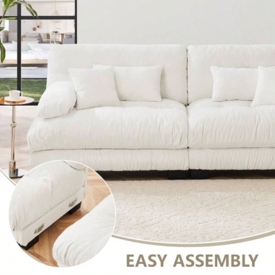 Cloud Couch 2 Seater Sofa Living Room, Chenille 2 - sofa with 2 Lumbar pillows and 2 throw pillows, Chenille White