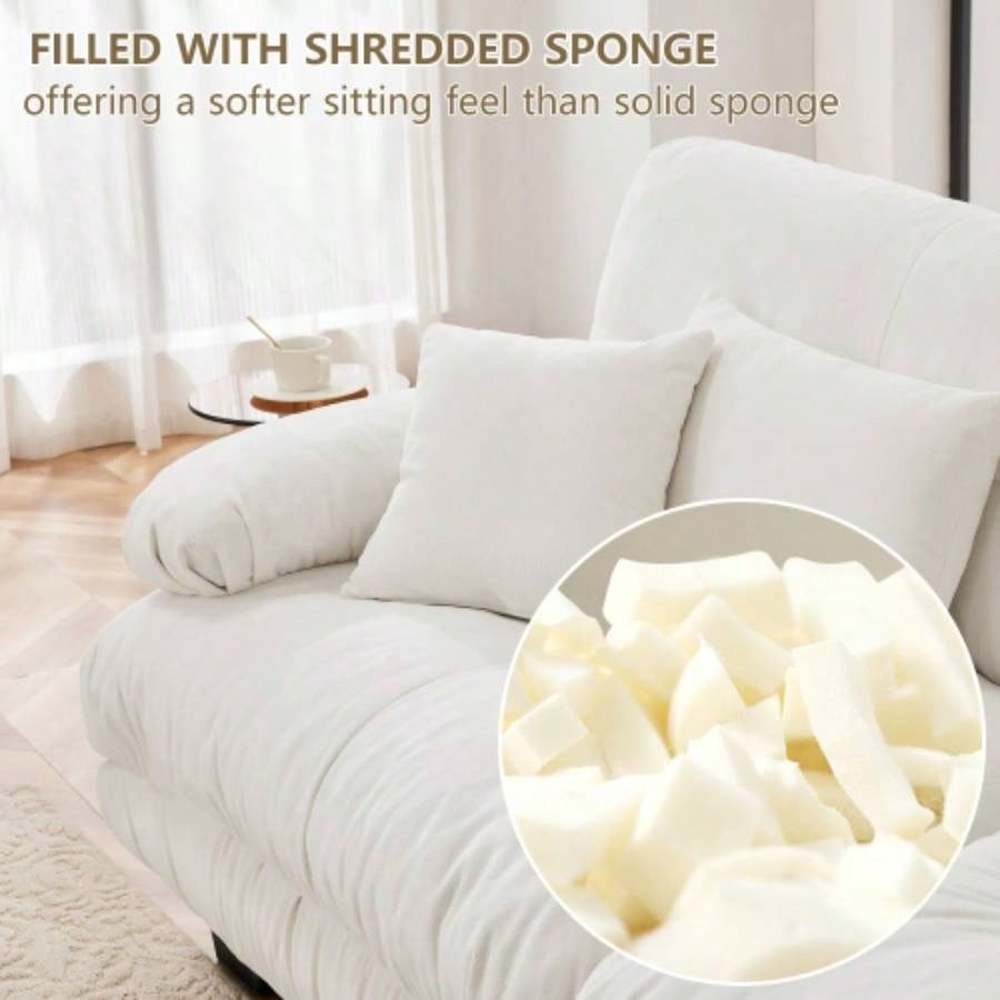 Cloud Couch Sectional Sofa Living Room, Chenille 2 Seater Sofa with 2 Lumbar pillows and 2 throw pillows, Upholstered Wide Arm Sofa with Convertible Ottoman, Chenille White