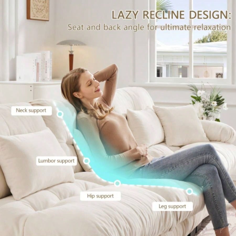 Cloud Couch Sectional Sofa Living Room, Chenille 2 Seater Sofa with 2 Lumbar pillows and 2 throw pillows, Upholstered Wide Arm Sofa with Convertible Ottoman, Chenille White
