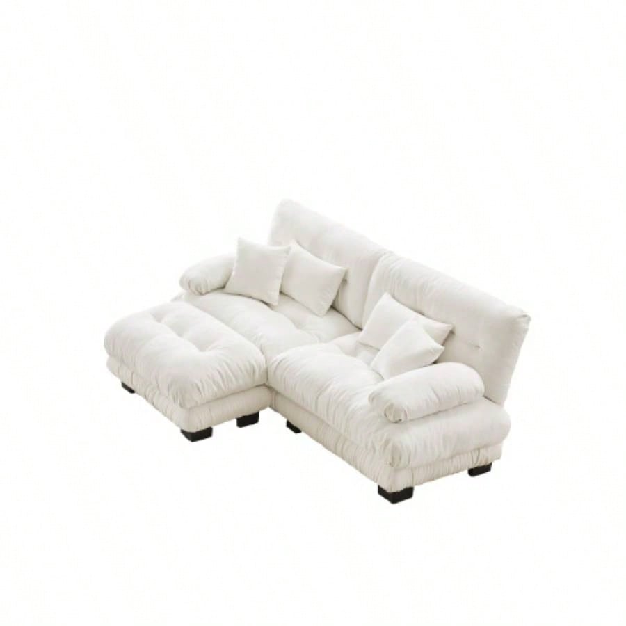 Cloud Couch Sectional Sofa Living Room, Chenille 2 Seater Sofa with 2 Lumbar pillows and 2 throw pillows, Upholstered Wide Arm Sofa with Convertible Ottoman, Chenille White