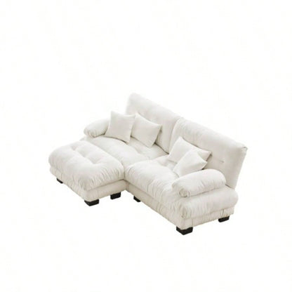 Cloud Couch Sectional Sofa Living Room, Chenille 2 Seater Sofa with 2 Lumbar pillows and 2 throw pillows, Upholstered Wide Arm Sofa with Convertible Ottoman, Chenille White
