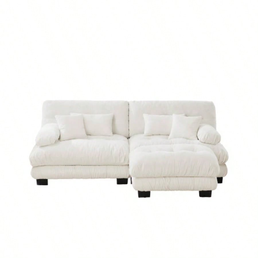 Cloud Couch Sectional Sofa Living Room, Chenille 2 Seater Sofa with 2 Lumbar pillows and 2 throw pillows, Upholstered Wide Arm Sofa with Convertible Ottoman, Chenille White