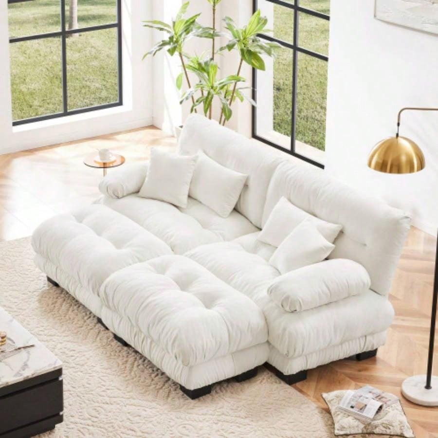 Cloud Couch 2 Seater Sofa Living Room, Chenille 2 - sofa with 2 Lumbar pillows and 2 throw pillows, Chenille White