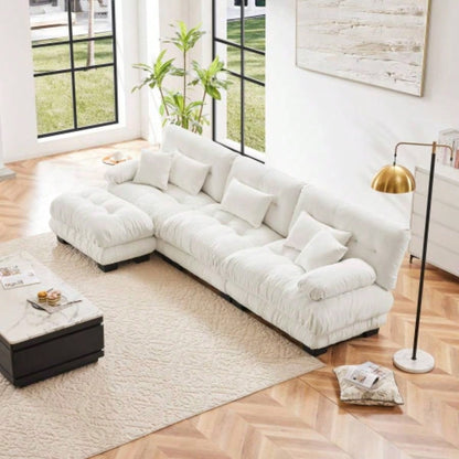 Cloud Couch Sectional Sofa Living Room, Chenille 2 Seater Sofa with 2 Lumbar pillows and 2 throw pillows, Upholstered Wide Arm Sofa with Convertible Ottoman, Chenille White