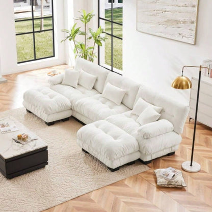 Cloud Couch Sectional Sofa Living Room, Chenille 2 Seater Sofa with 2 Lumbar pillows and 2 throw pillows, Upholstered Wide Arm Sofa with Convertible Ottoman, Chenille White