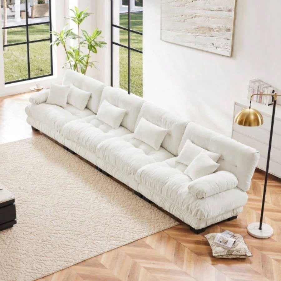 Cloud Couch Sectional Sofa Living Room, Chenille 2 Seater Sofa with 2 Lumbar pillows and 2 throw pillows, Upholstered Wide Arm Sofa with Convertible Ottoman, Chenille White