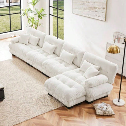 Cloud Couch Sectional Sofa Living Room, Chenille 2 Seater Sofa with 2 Lumbar pillows and 2 throw pillows, Upholstered Wide Arm Sofa with Convertible Ottoman, Chenille White