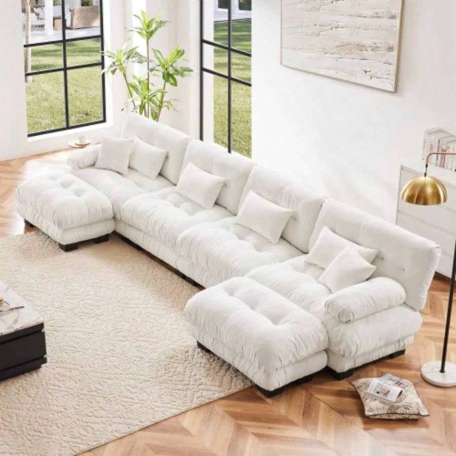 Cloud Couch 2 Seater Sofa Living Room, Chenille 2 - sofa with 2 Lumbar pillows and 2 throw pillows, Chenille White