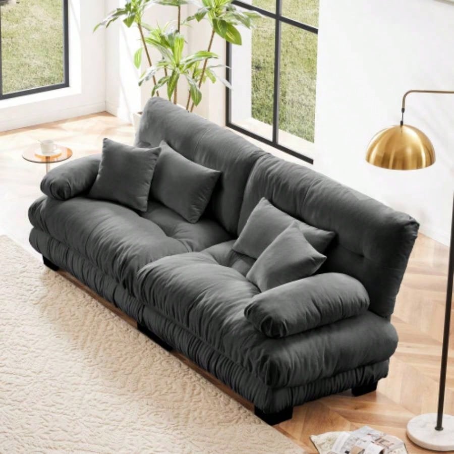 Cloud Couch Sectional Sofa Living Room, Chenille 2 Seater Sofa with 2 Lumbar pillows and 2 throw pillows, Upholstered Wide Arm Sofa with Convertible Ottoman, Chenille White