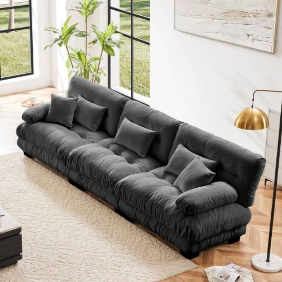 Cloud Couch Sectional Sofa Living Room, Chenille 2 Seater Sofa with 2 Lumbar pillows and 2 throw pillows, Upholstered Wide Arm Sofa with Convertible Ottoman, Chenille White