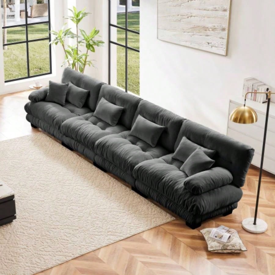 Cloud Couch Sectional Sofa Living Room, Chenille 2 Seater Sofa with 2 Lumbar pillows and 2 throw pillows, Upholstered Wide Arm Sofa with Convertible Ottoman, Chenille White